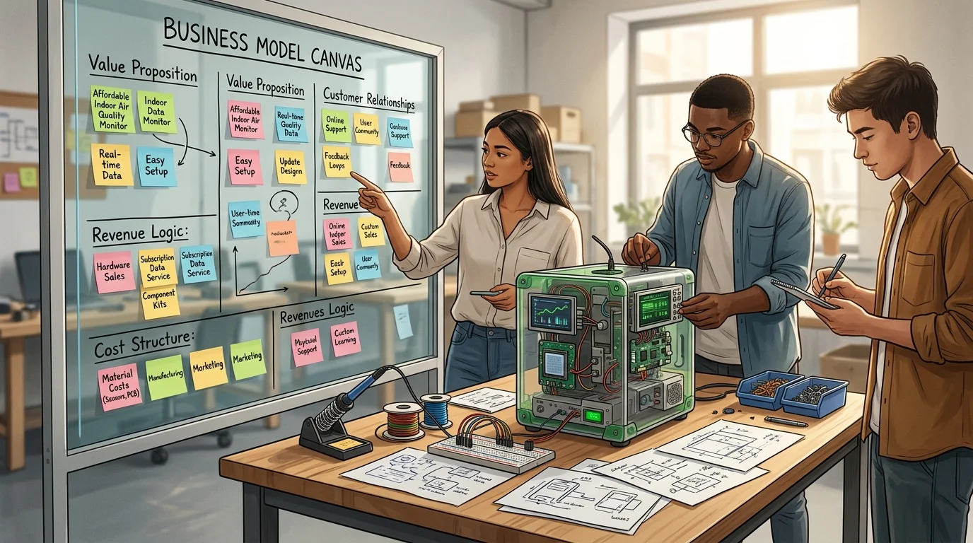 Founders collaborating on a business model canvas and hardware prototype