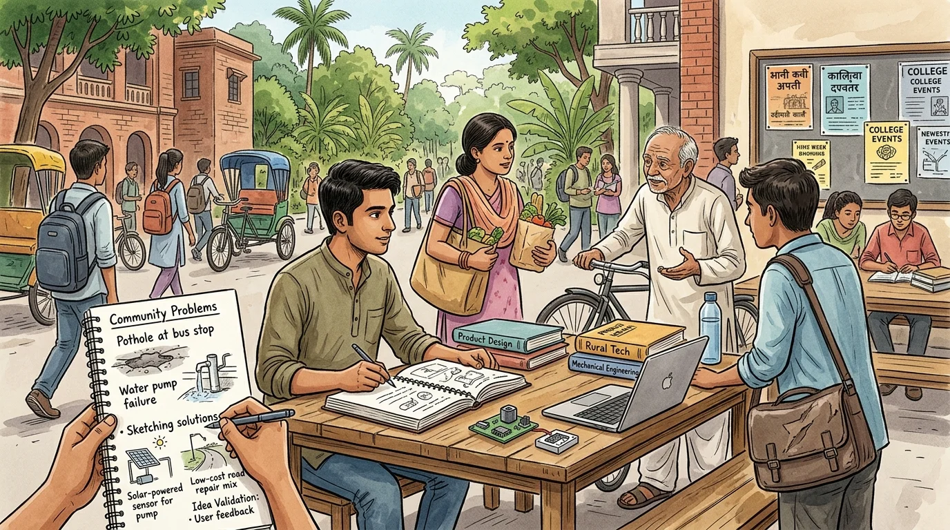 Student entrepreneur identifying everyday community problems and sketching solutions